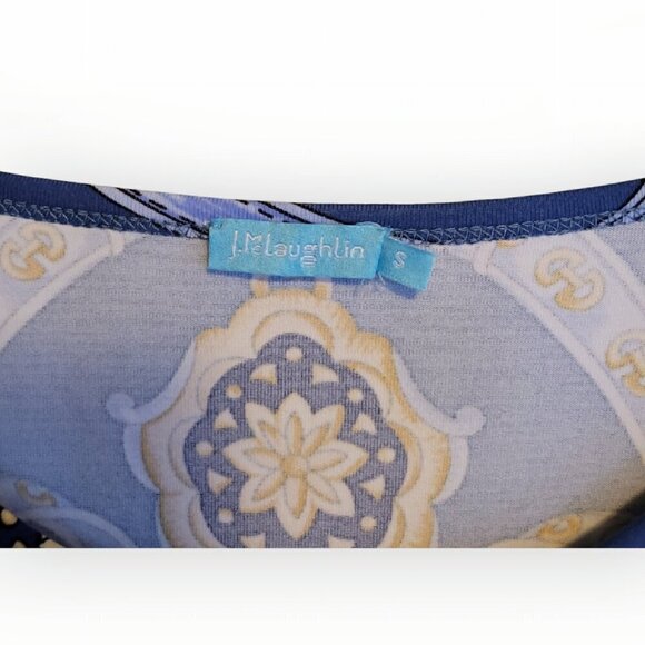 J McLaughlin Catalina Blue Gold Chainlink Stretch Top Small 3/4 Sleeve Classic - Picture 6 of 12